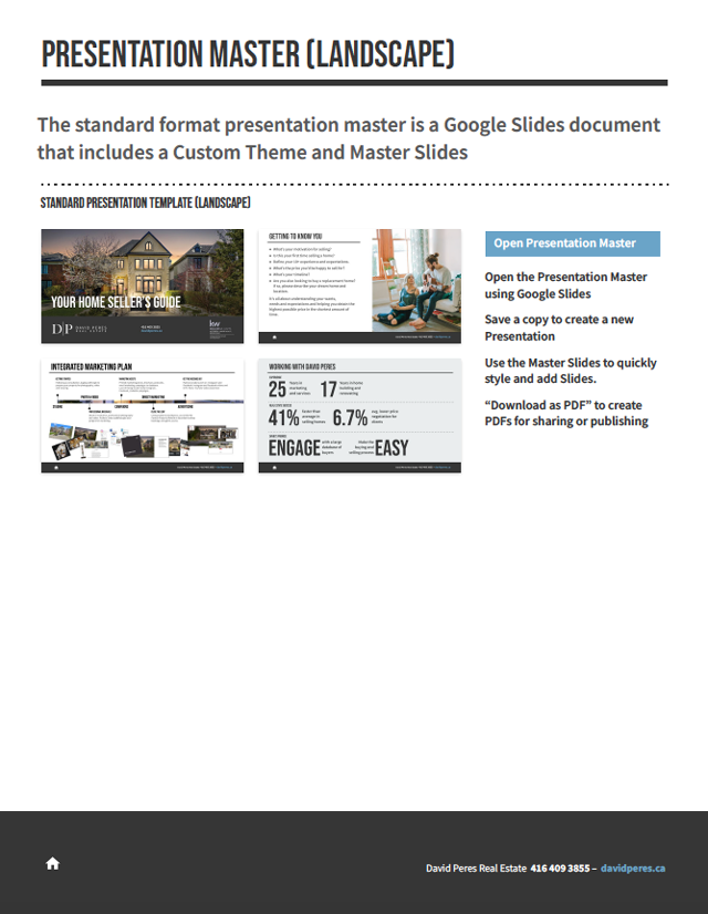 Screen capture image of a Style Guide page for David Peres Real Estate, this page shows the presentation template, and shows direct links for launching a new presentation.