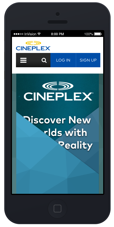 Mobile mockup for the Cineplex Virtual Reality Product Launch