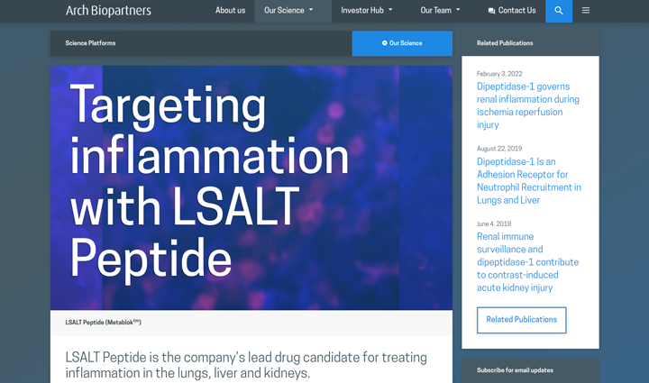 Screen shot of an Arch Biopartners Science Landing Page Detail