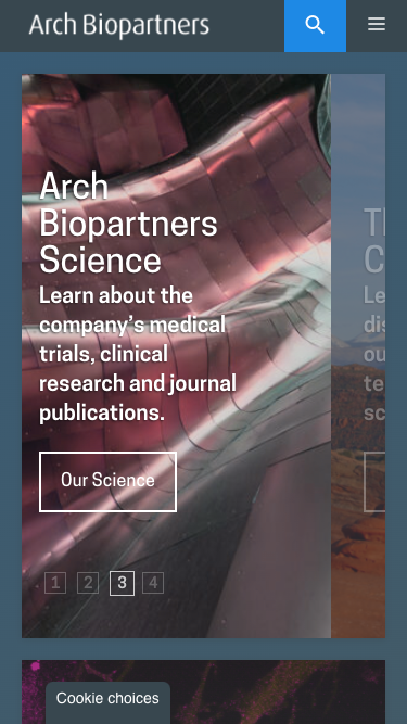 Mobile screen shot of the Arch Biopartners home page